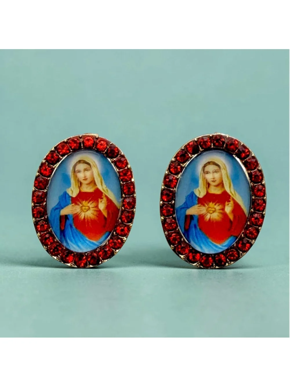 Sacred Heart of Mary Red Rhinestone 1” Oval Stud Earrings Gold Tone Catholic